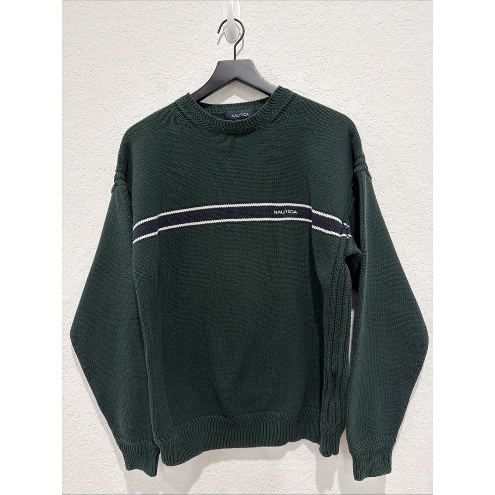 Vintage Nautica Thick Knit Dark Green Embroidered Pullover Sweater Size Large